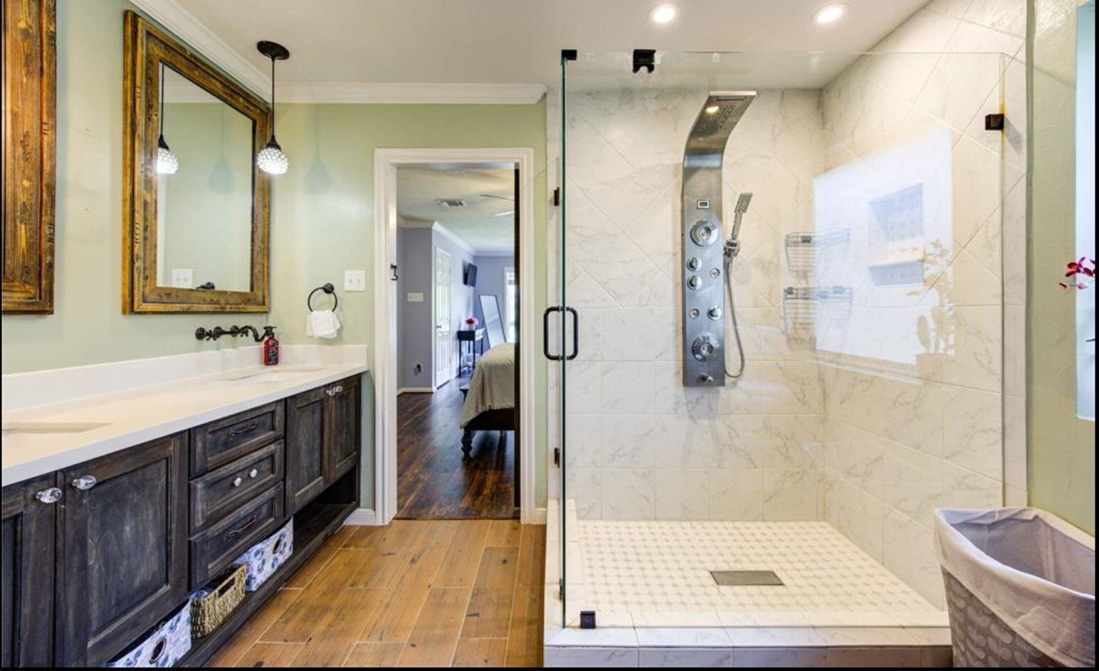 Luxury bathroom with marble shower and barn door